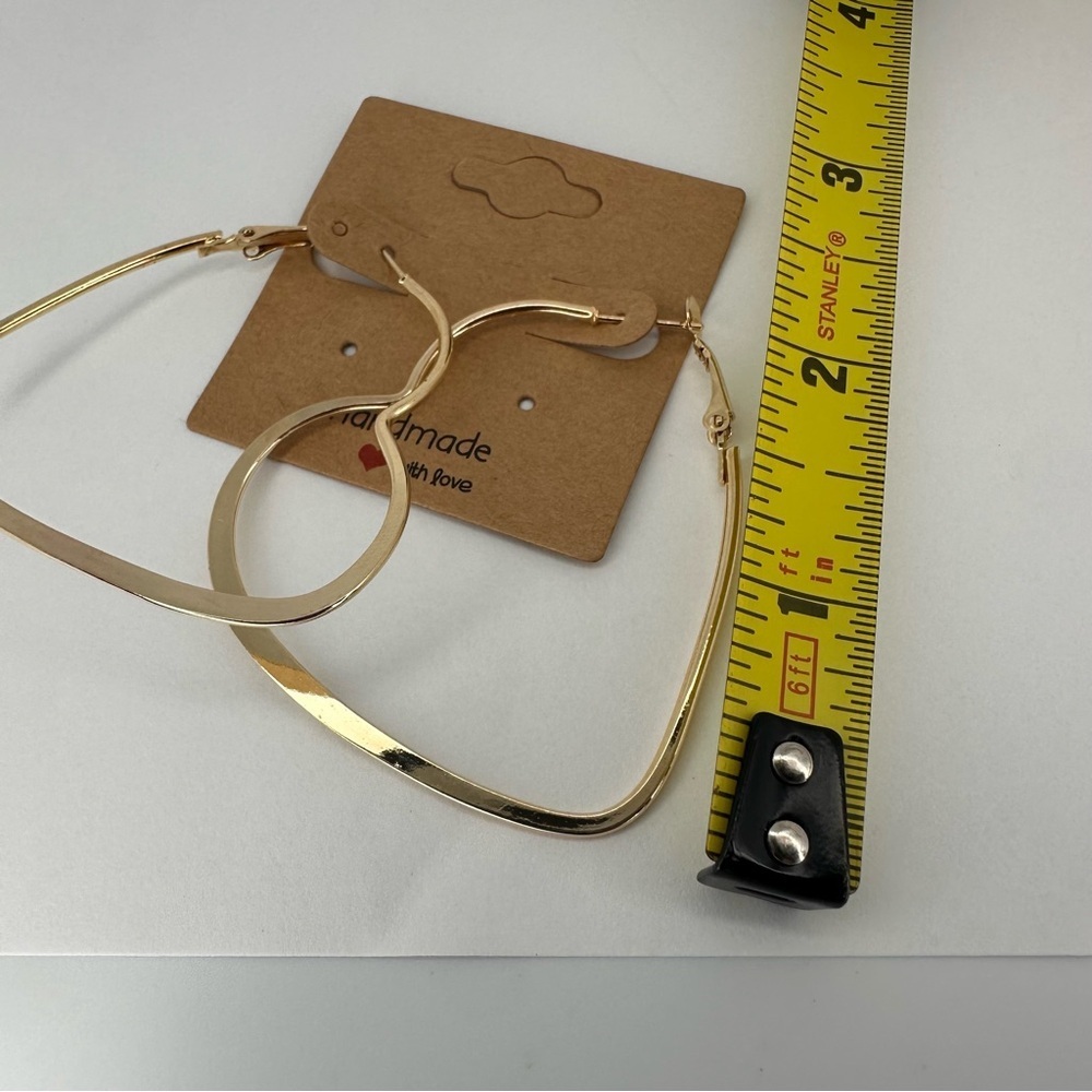 Gold Heart Hoop Drop Earrings Minimalist 2.25 Inch - Picture 12 of 13